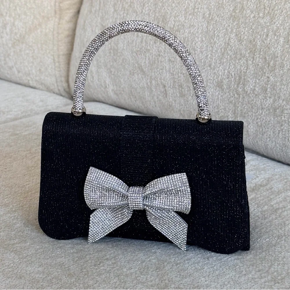Sincerely Jules Black Evening Bag with Rhinestone Bow & Handle